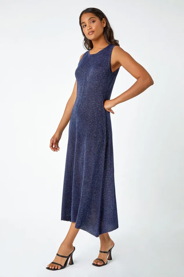 Women Navy Sleeveless Sparkle Knitted Midi Dress Roman Dresses
