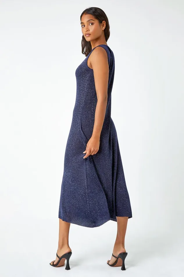 Women Navy Sleeveless Sparkle Knitted Midi Dress Roman Dresses