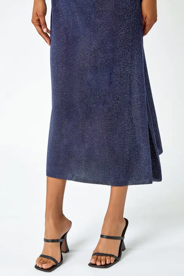 Women Navy Sleeveless Sparkle Knitted Midi Dress Roman Dresses