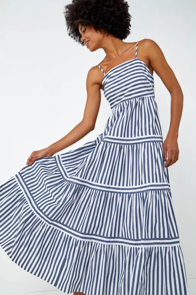 Women Navy Sleeveless Stripe Tiered Cotton Maxi Dress Roman Dresses