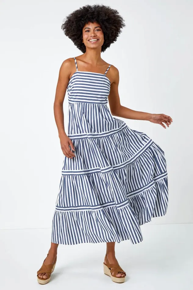 Women Navy Sleeveless Stripe Tiered Cotton Maxi Dress Roman Dresses