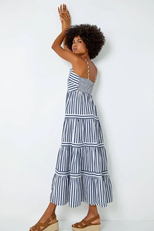 Women Navy Sleeveless Stripe Tiered Cotton Maxi Dress Roman Dresses