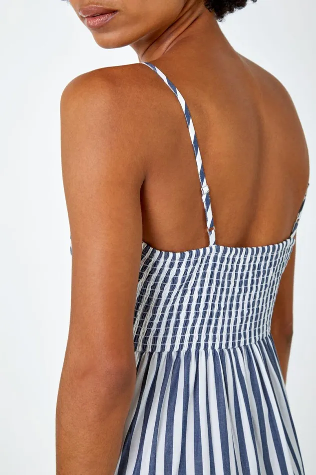 Women Navy Sleeveless Stripe Tiered Cotton Maxi Dress Roman Dresses