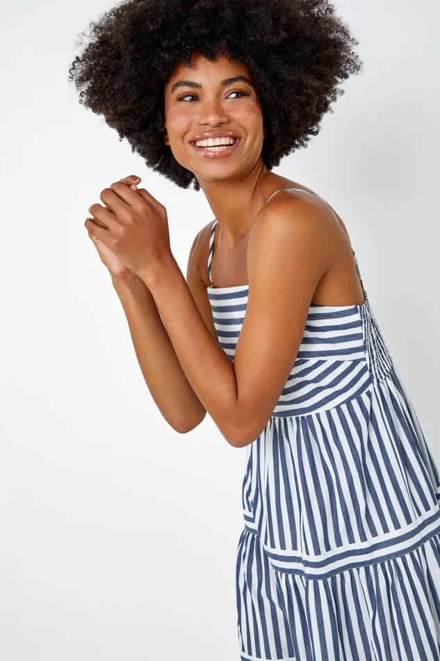 Women Navy Sleeveless Stripe Tiered Cotton Maxi Dress Roman Dresses