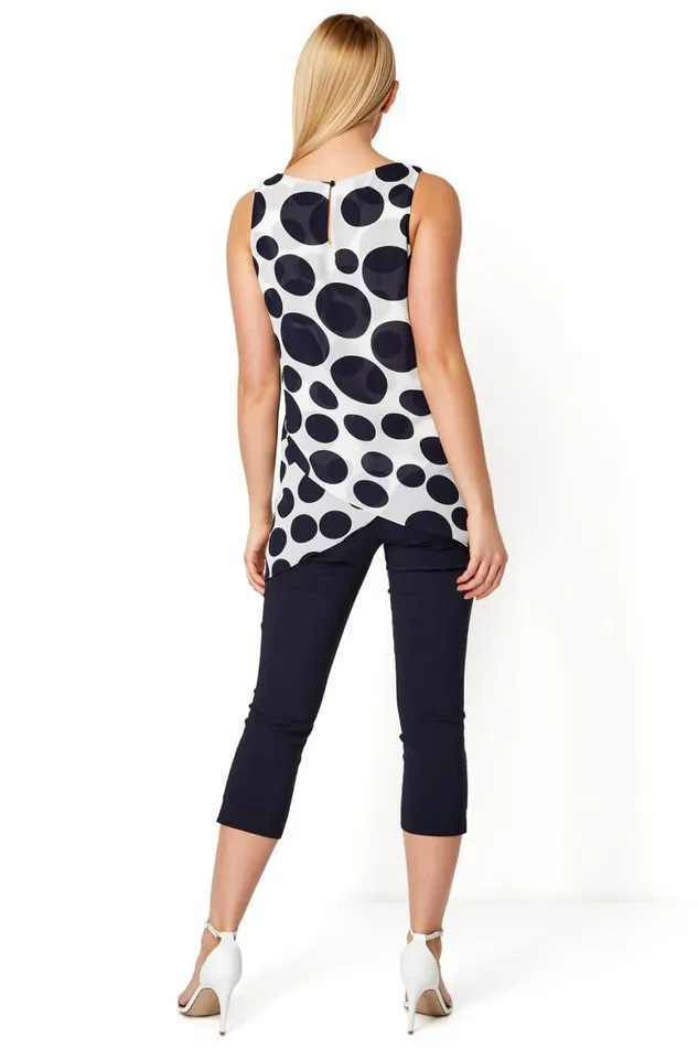 Women Navy Spot Print Asymmetric Chiffon Top Roman Tops
