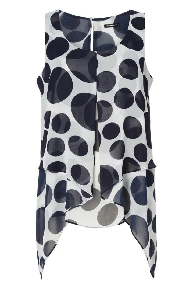 Women Navy Spot Print Asymmetric Chiffon Top Roman Tops