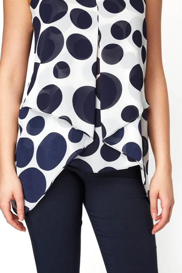 Women Navy Spot Print Asymmetric Chiffon Top Roman Tops