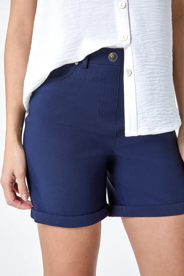 Women Navy Stretch Elastic Waist Turn Up Shorts Roman Coords