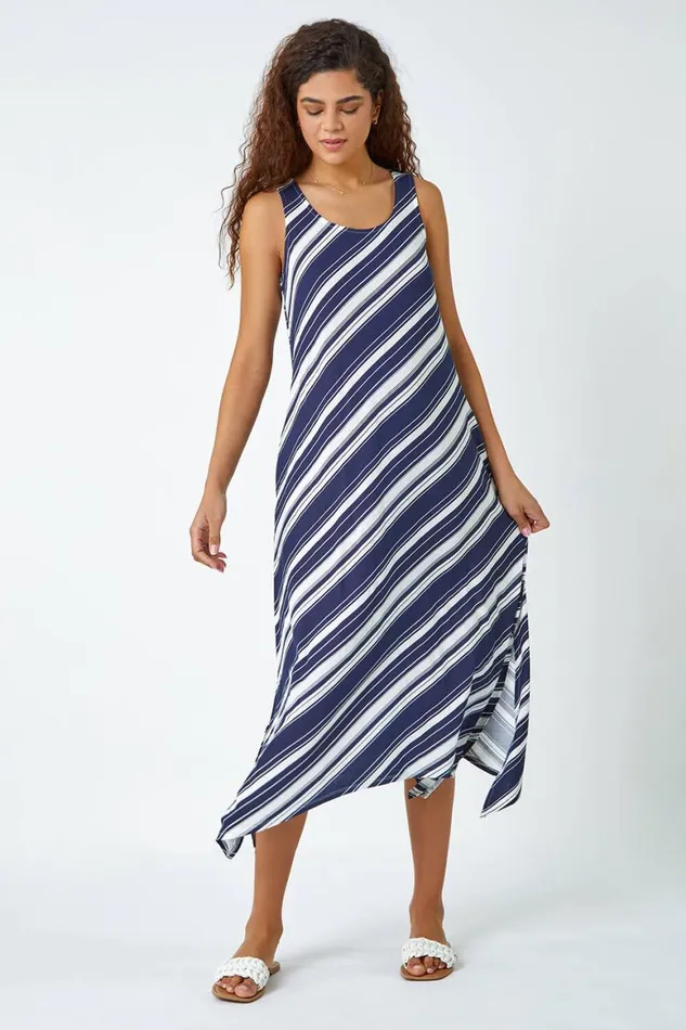 Women Navy Stripe Print Midi Smock Stretch Dress Roman Dresses