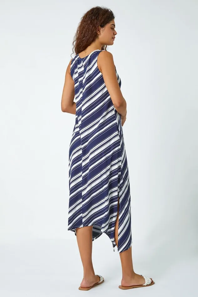 Women Navy Stripe Print Midi Smock Stretch Dress Roman Dresses