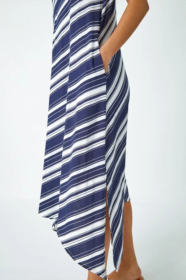 Women Navy Stripe Print Midi Smock Stretch Dress Roman Dresses