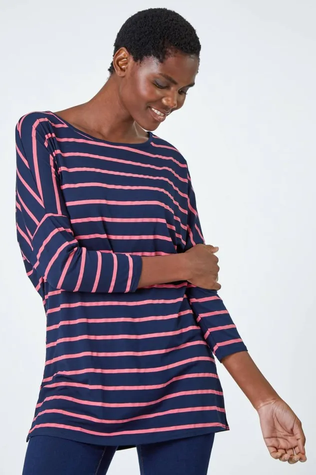 Women Navy Stripe Print Stretch Tunic Top Roman Tops