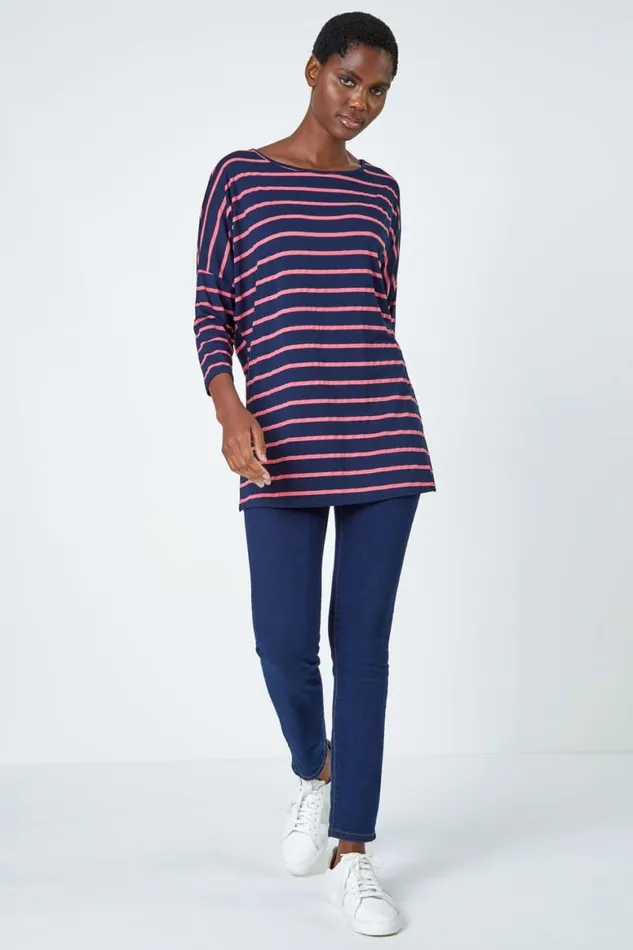 Women Navy Stripe Print Stretch Tunic Top Roman Tops