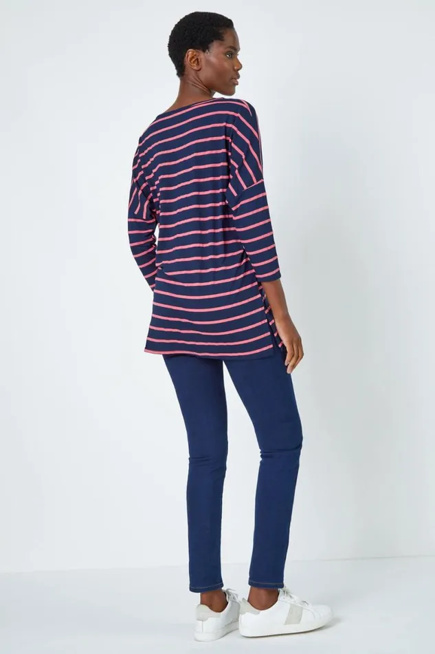 Women Navy Stripe Print Stretch Tunic Top Roman Tops