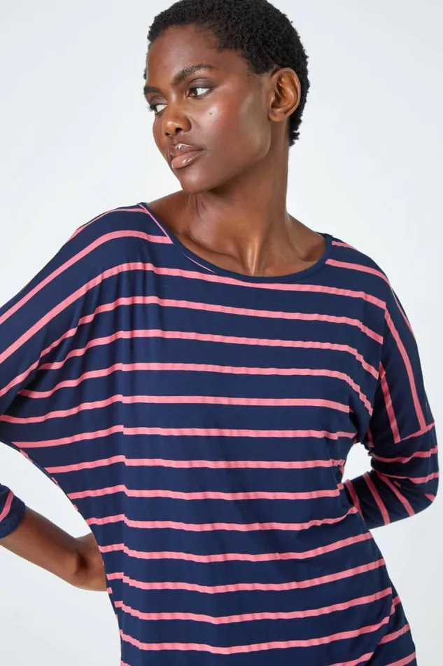 Women Navy Stripe Print Stretch Tunic Top Roman Tops