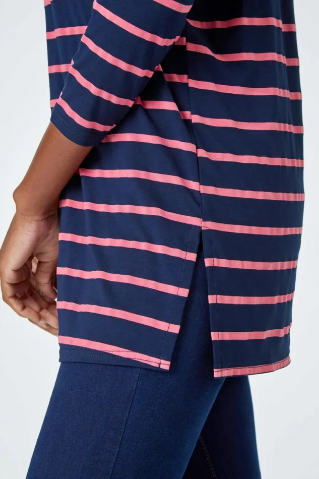 Women Navy Stripe Print Stretch Tunic Top Roman Tops
