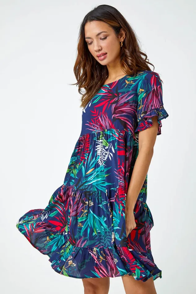 Women Navy Tropical Frill Sleeve Tiered Smock Dress Roman Dresses