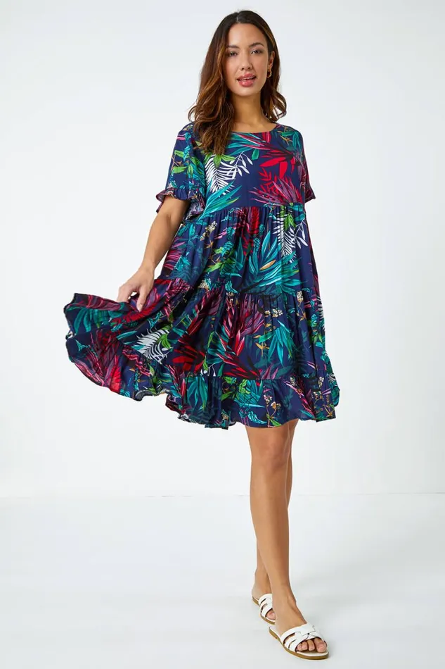 Women Navy Tropical Frill Sleeve Tiered Smock Dress Roman Dresses