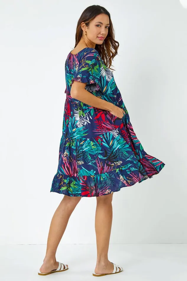 Women Navy Tropical Frill Sleeve Tiered Smock Dress Roman Dresses