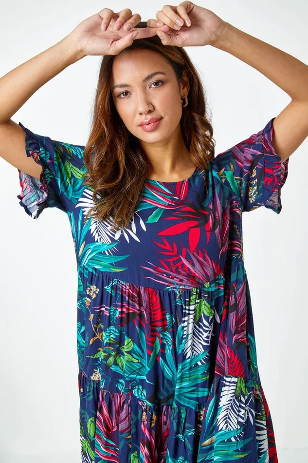 Women Navy Tropical Frill Sleeve Tiered Smock Dress Roman Dresses