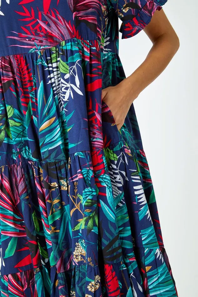 Women Navy Tropical Frill Sleeve Tiered Smock Dress Roman Dresses
