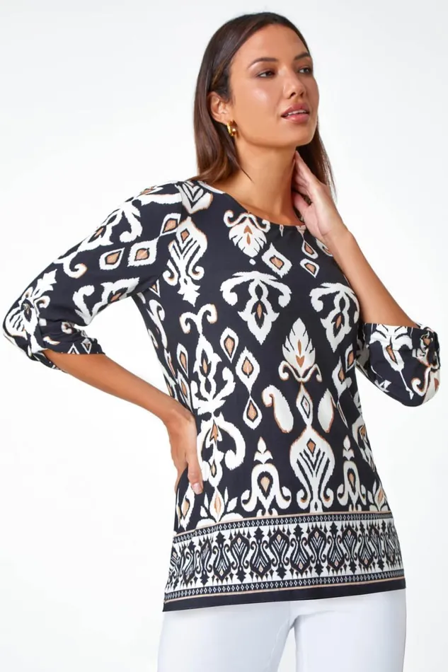 Women Neutral Aztec Border Print Stretch Tunic Top Roman Tops