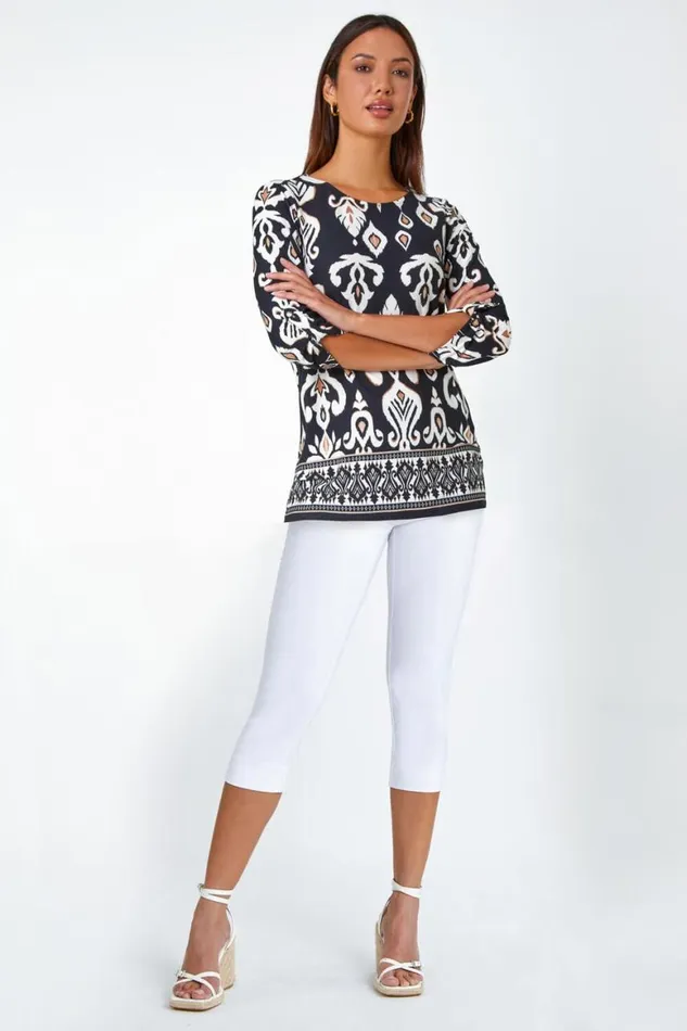 Women Neutral Aztec Border Print Stretch Tunic Top Roman Tops
