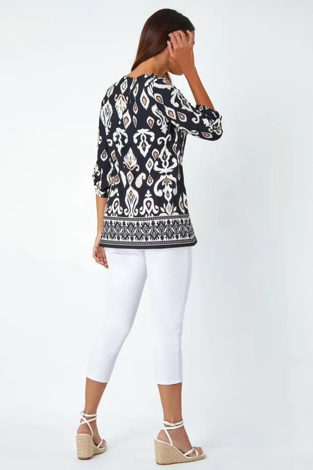Women Neutral Aztec Border Print Stretch Tunic Top Roman Tops