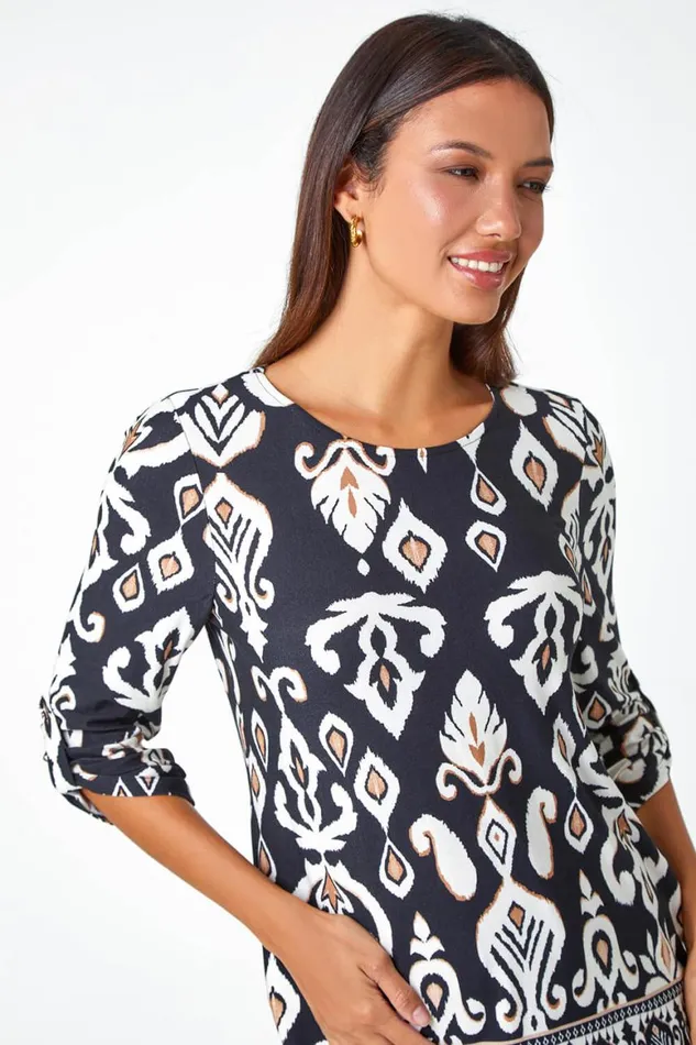 Women Neutral Aztec Border Print Stretch Tunic Top Roman Tops