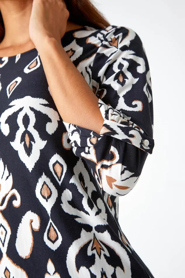 Women Neutral Aztec Border Print Stretch Tunic Top Roman Tops