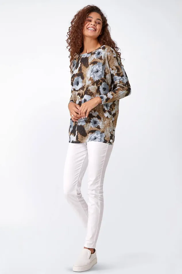 Women Neutral Floral Print Button Detail Stretch Top Roman Tops