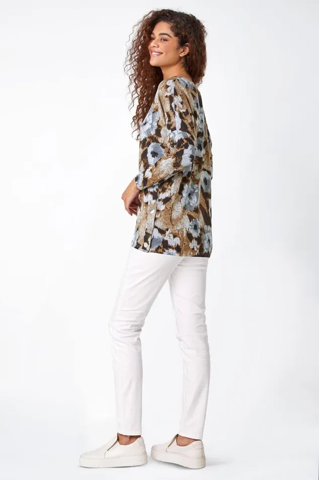 Women Neutral Floral Print Button Detail Stretch Top Roman Tops
