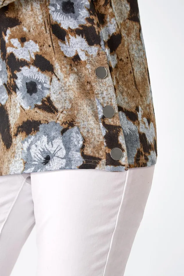 Women Neutral Floral Print Button Detail Stretch Top Roman Tops