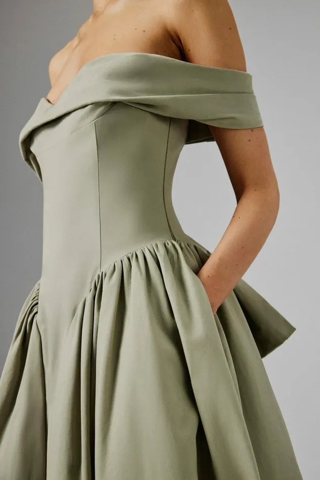 Women Off The Shoulder and Bardot Lavish Alice EMILY Off Shoulder Volumed Flared Sun Dress In Sage Green Sage Green