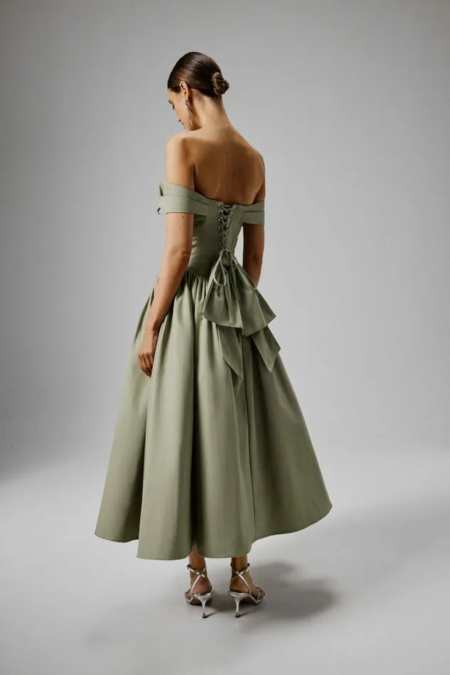 Women Off The Shoulder and Bardot Lavish Alice EMILY Off Shoulder Volumed Flared Sun Dress In Sage Green Sage Green