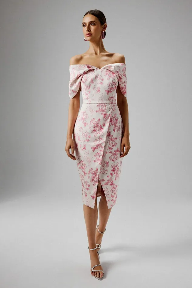 Women Off The Shoulder and Bardot Lavish Alice HARLEEN Draped Bardot Bonded Satin Midi Dress In Pink Porcelain Pink Porcelain Women Off The Shoulder and Bardot Lavish Alice HARLEEN Draped Bardot Bonded Satin Midi Dress In Pink Porcelain Pink Porcelain