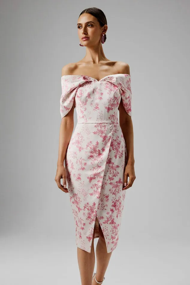 Women Off The Shoulder and Bardot Lavish Alice HARLEEN Draped Bardot Bonded Satin Midi Dress In Pink Porcelain Pink Porcelain