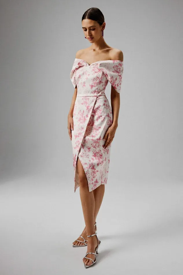 Women Off The Shoulder and Bardot Lavish Alice HARLEEN Draped Bardot Bonded Satin Midi Dress In Pink Porcelain Pink Porcelain