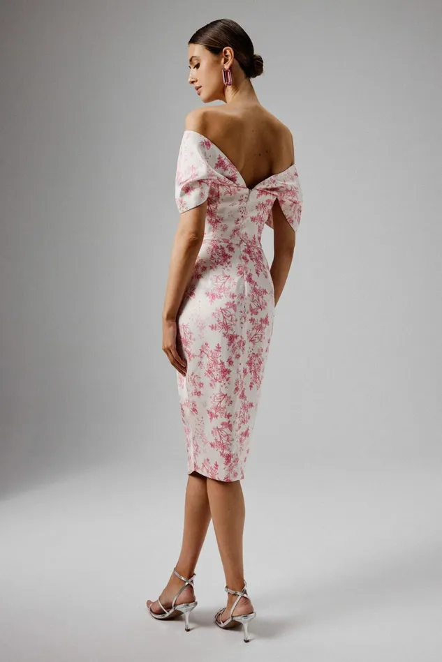 Women Off The Shoulder and Bardot Lavish Alice HARLEEN Draped Bardot Bonded Satin Midi Dress In Pink Porcelain Pink Porcelain