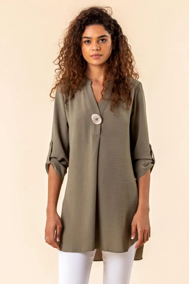 Women Olive Longline Button Detail Tunic Top Roman Tops