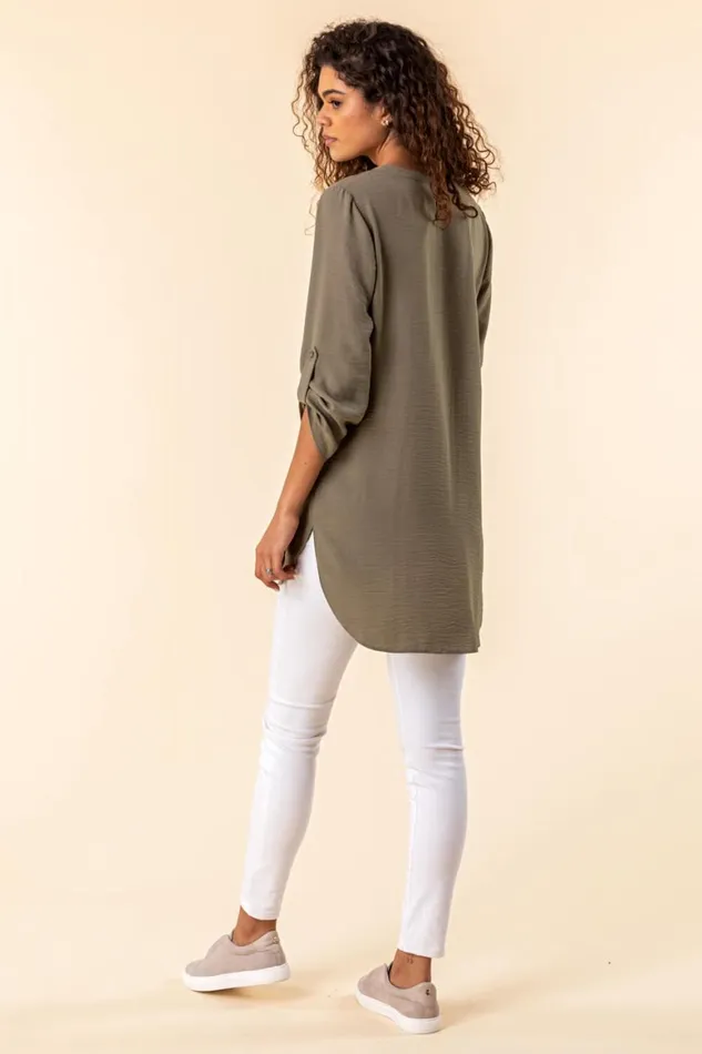 Women Olive Longline Button Detail Tunic Top Roman Tops