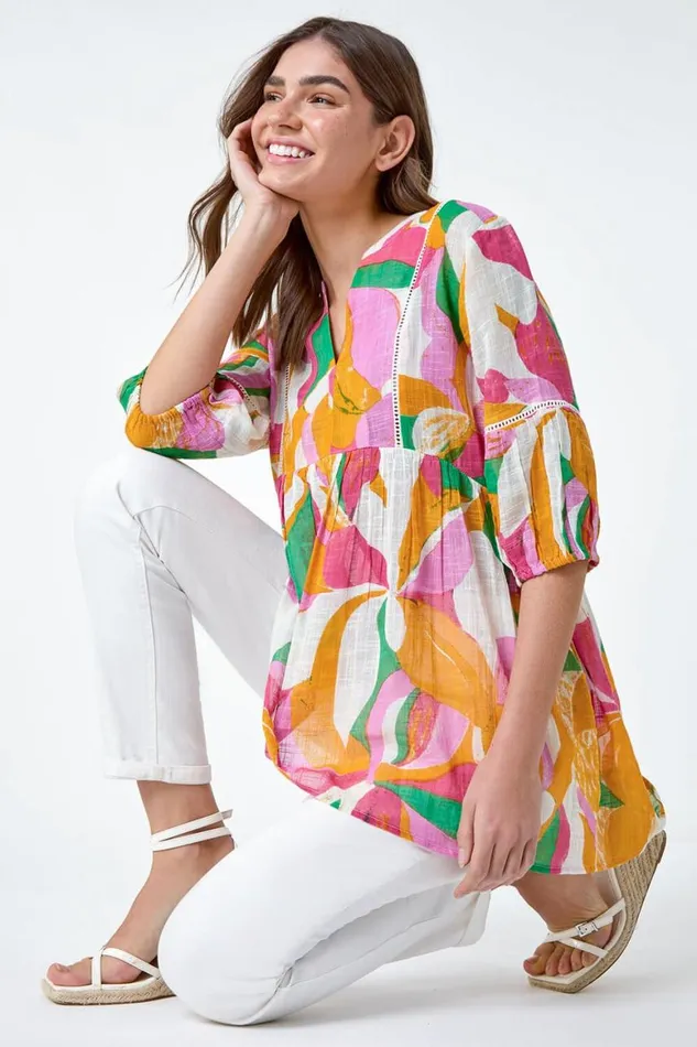 Women Orange Abstract Ladder Lace Cotton VNeck Smock Top Roman Tops