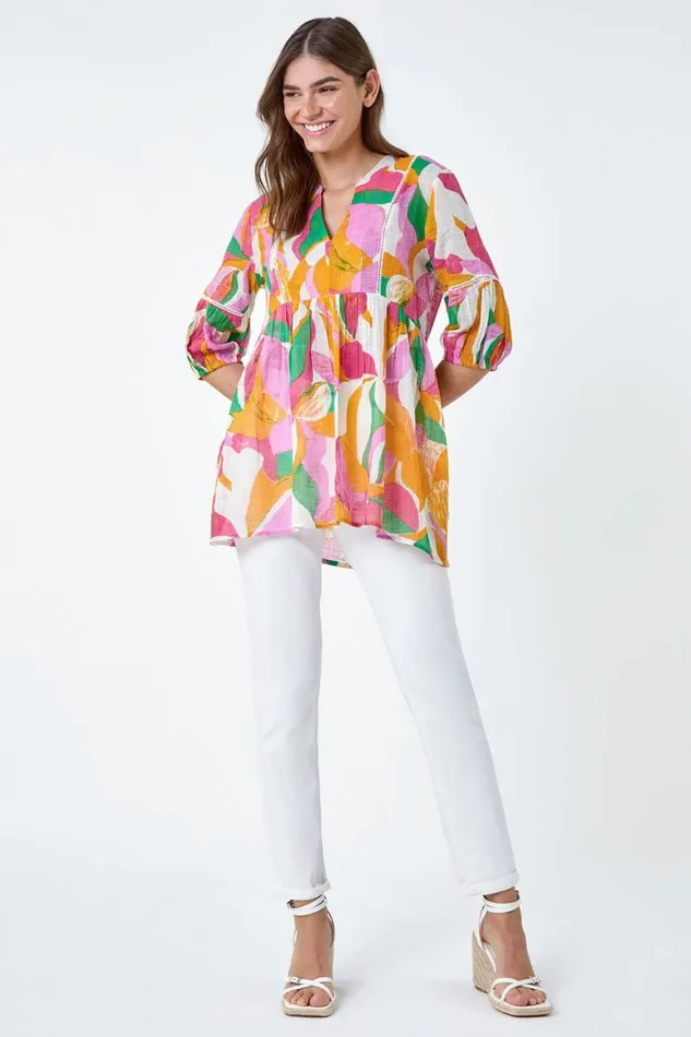 Women Orange Abstract Ladder Lace Cotton VNeck Smock Top Roman Tops