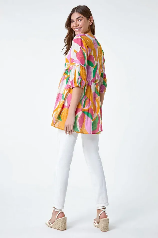 Women Orange Abstract Ladder Lace Cotton VNeck Smock Top Roman Tops