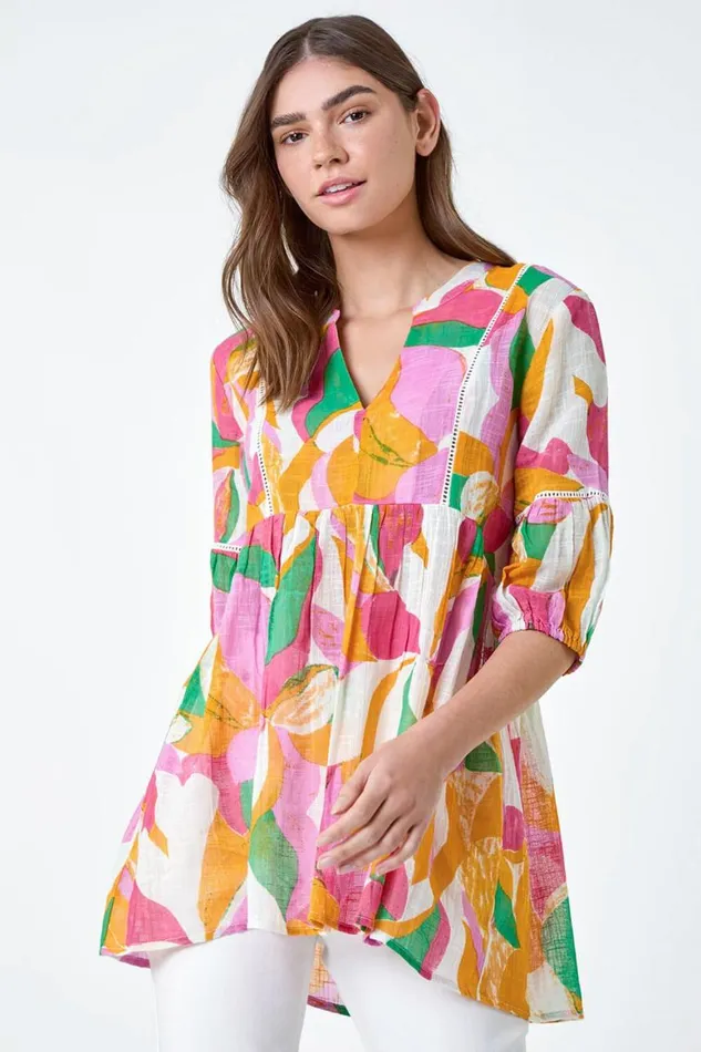 Women Orange Abstract Ladder Lace Cotton VNeck Smock Top Roman Tops
