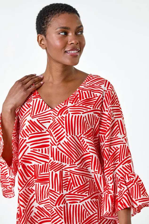 Women Orange Abstract Print VNeck Frill Detail Top Roman Tops