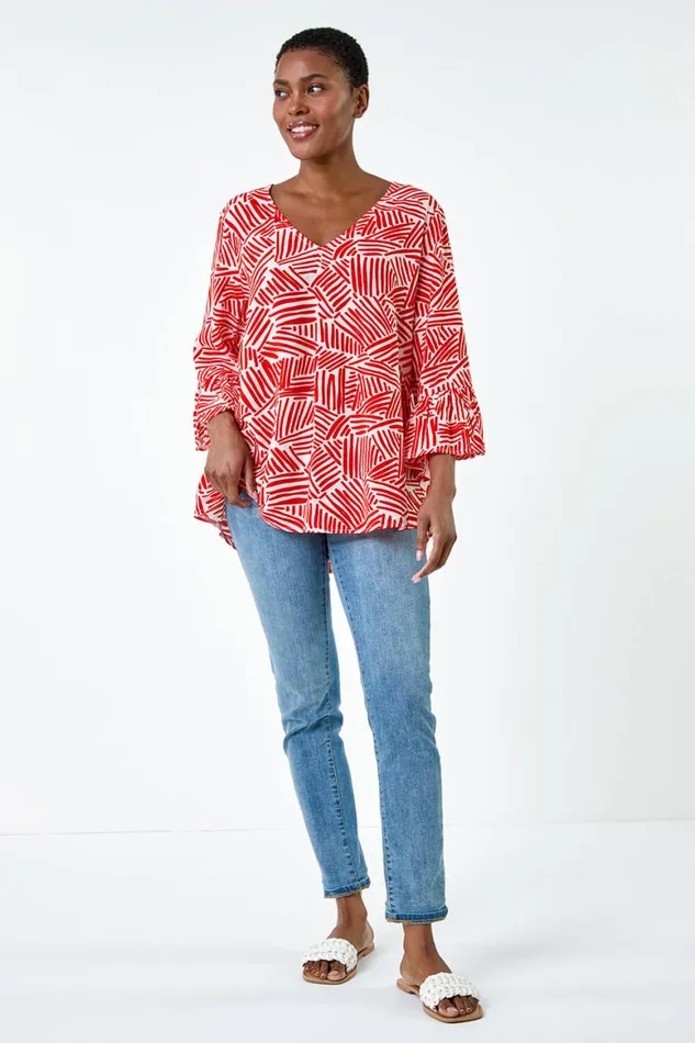 Women Orange Abstract Print VNeck Frill Detail Top Roman Tops