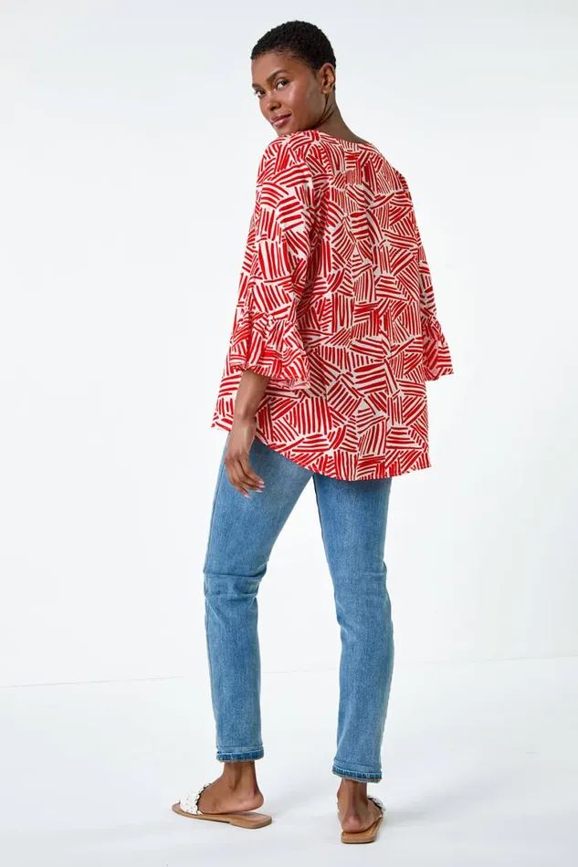 Women Orange Abstract Print VNeck Frill Detail Top Roman Tops
