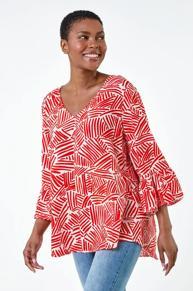 Women Orange Abstract Print VNeck Frill Detail Top Roman Tops