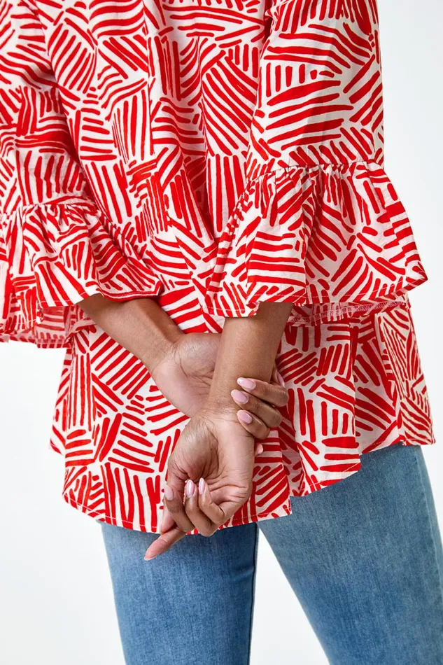 Women Orange Abstract Print VNeck Frill Detail Top Roman Tops